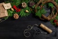 Manufacturer of Christmas decor with their own hands. Christmas wreath for the holiday. The new year celebration. Top Royalty Free Stock Photo