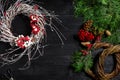 Manufacturer of Christmas decor with their own hands. Christmas wreath for the holiday. The new year celebration. Top Royalty Free Stock Photo