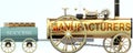 Manufacturers and success - symbolized by a steam car pulling a success wagon loaded with gold bars to show that Manufacturers is