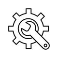 Manufacturing Icon. Gear and Wrench. Service Symbol. Flat Line Pictogram. Isolated on white background.