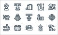 Manufacturing line icons. linear set. quality vector line set such as drill, vise, conveyor belt, siren, coal, buffing, pump,