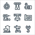 Manufacturing line icons. linear set. quality vector line set such as hook, drilling machine, storehouse, de, car manufacturing,