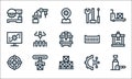 Manufacturing line icons. linear set. quality vector line set such as hydraulic jack, package, valve, settings, conveyor belt,