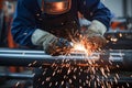 Manufacturing mastery Industrial worker cuts metal tube in factory interior Royalty Free Stock Photo