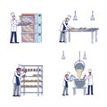 Manufacturing Process In Bakery Concept. Characters Kneading Dough, Make Bakery Products, Put It To Oven For Baking