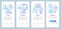 Manufacturing process blue onboarding mobile app page screen vector template. Primary, secondary, tertiary. Walkthrough