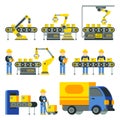 Manufacturing process with production factory line vector flat icons