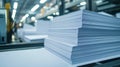 manufacturing white paper at factory, cut in stack of white paper on conveyor belt, paper production for technical drawing, Royalty Free Stock Photo