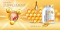 Manuka Honey dietary supplement ads. Vector Illustration with honey supplement contained in bottle and honey elements.