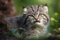 Manul cub in nature on summer forest background. Closeup animal portrait. Ai generated Royalty Free Stock Photo