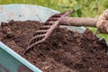 Manure: organic bio natural fertilizer in a wheel barrow with pitchfork. Farm Life