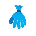 Disposable blue latex glove inflated with a patch at the thumb