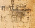 Manuscript, drawings, blueprints, house project by Leonardo Da Vinci in the old book The Codice Sul Volo, by E. Rouveyre , 1893 Royalty Free Stock Photo