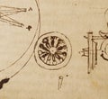 Manuscript, drawings, wheel by Leonardo Da Vinci in the old book The Codice Sul Volo, by E. Rouveyre , 1893