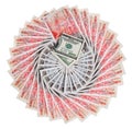 Many 50 pound sterling bank notes with 100 dollars Royalty Free Stock Photo