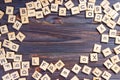 Many abc education cube scattered on wooden table