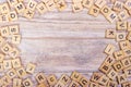 Many abc education cube scattered on wooden table