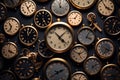 Many antique pocket watches on dark background. Time concept