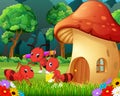 Many ants and a mushroom house in forest Royalty Free Stock Photo
