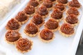 Many appetizing tartlets, cake basket with brown cream on a white tray. Summer dessert