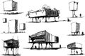 many architectural sketches of a modern fantastic architecture