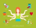 Many armed woman life balance lifestyle in flat vector