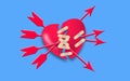 Many Arrows Breaking A Broken Red Heart. d Heart With Plaster bend Getting Hurt By group of res arrow on blue background. Royalty Free Stock Photo