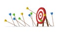 Many arrows missed their target. Several unsuccessful inaccurate attempts to hit the target of archery. Metaphor for