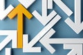 Many arrows pointing in different directions with arrows in the middle forming straight path over blue background, solution,