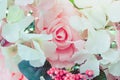 Many artificial pink and white roses are decorated on the glass door to the backdrop in the afternoon. Beautiful flowers Royalty Free Stock Photo