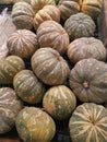 Many asian pumpkins fruits on the table.