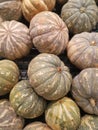 Many asian pumpkins fruits on the table.