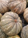 Many asian pumpkins fruits on the table.