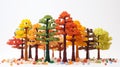 Many autumn fall tree made of plastic construction blocks on white web banner. Toy forest wood trees made of childrens blocks on a