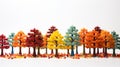 Many autumn fall tree made of plastic construction blocks on white web banner. Toy forest wood trees made of childrens blocks on a