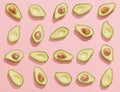 Avocado Halves On Pink Background, Flat Lay