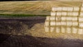 Many bales rolls straw after harvest collected together field autumn summer day. Royalty Free Stock Photo