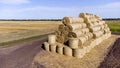 Many bales straw field. Many bales rolls wheat straw stacked together in field