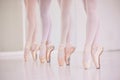 Many ballet feet, legs or tiptoe of elegant dancers dancing and practicing in a dance studio. Closeup of ballerinas or