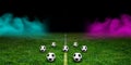 Many balls in textured soccer game field with neon fog - center position, midfield at night. Panorama Royalty Free Stock Photo