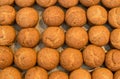 Many banana muffins. stack of banana muffins on a black plate closeup. Banana Cupcake Delicious Homemade on wood tray Freshly bake Royalty Free Stock Photo