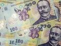 Many banknotes of one hundred romanian currency leu ron concept Royalty Free Stock Photo