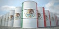 Flag of Mexico on the barrels or steel drums. Chemical or oil industry related 3D rendering