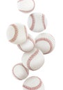 Many baseball balls falling on white background