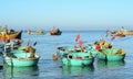 Many basket boats at Mui Ne pier in Binh Thuan, Vietnam