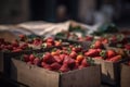 many baskets with fresh ripe strawberries for sale at a farmer's market close-up Royalty Free Stock Photo