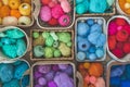 Many baskets made of natural eco-friendly materials. Multicolor yarn for knitting, knitting needles Royalty Free Stock Photo