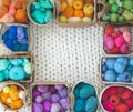 Many baskets made of natural eco-friendly materials. Multicolor yarn for knitting, knitting needles Royalty Free Stock Photo