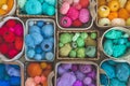 Many baskets made of natural eco-friendly materials. Multicolor yarn for knitting, knitting needles Royalty Free Stock Photo