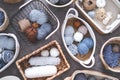 Many baskets made of natural eco-friendly materials. Yarn for knitting, knitting needles Royalty Free Stock Photo